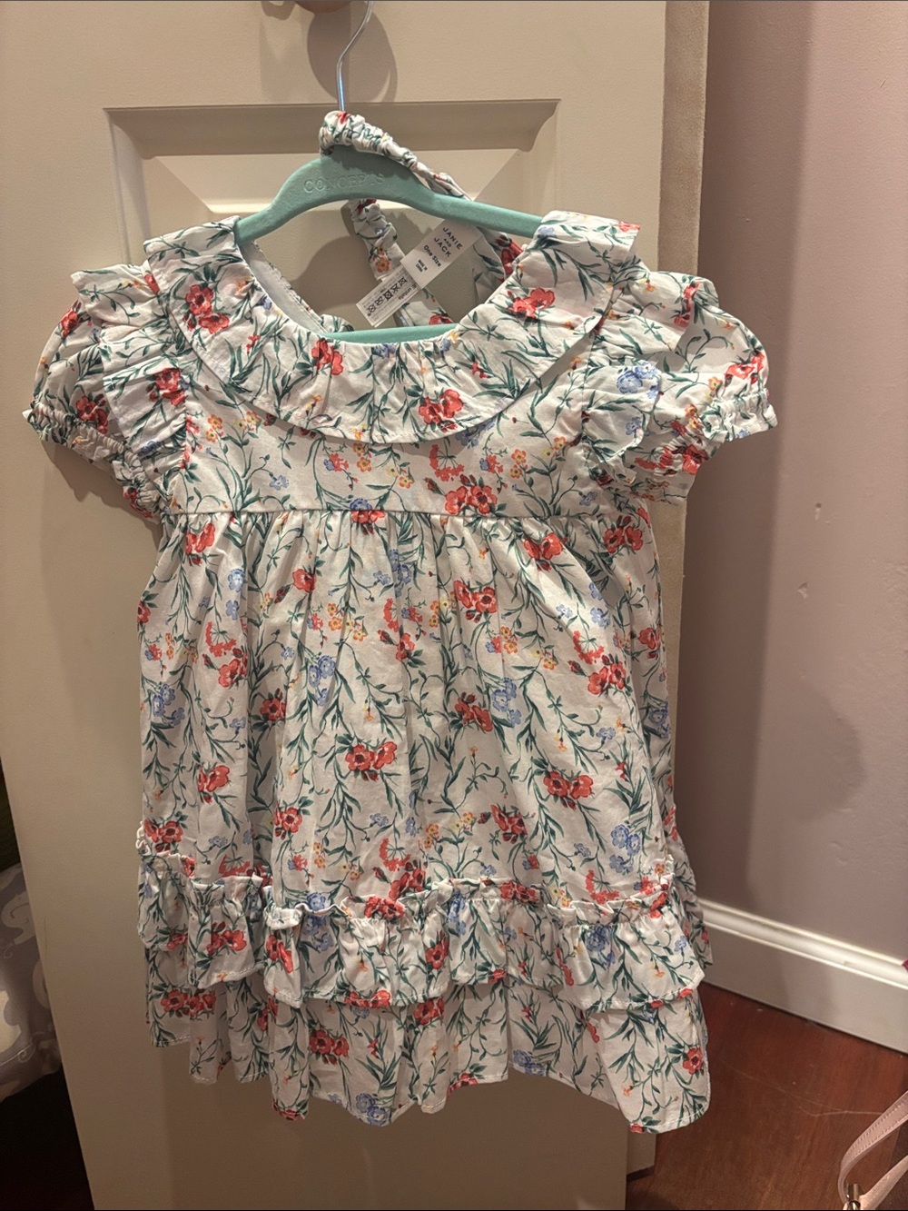 Janie and Jack White Floral Ruffle Dress Top with Red & Green Print